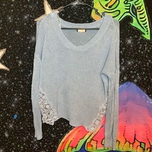 FIFTY STREET Womens Light Blue Knit Lace Crochet Side Long Sleeve Sweater